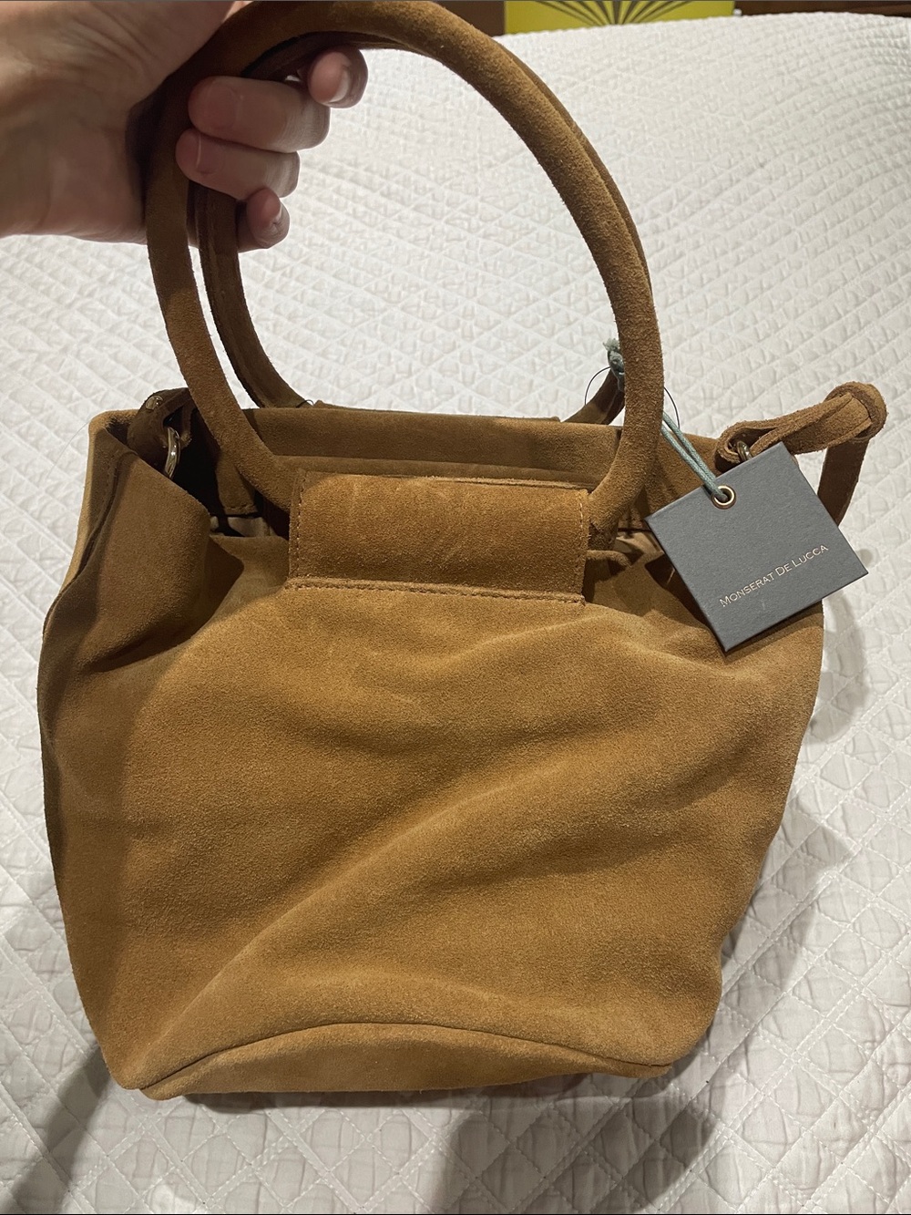 NWT Monserrat De Lucca Mini Suede Bucket Tote in Camel